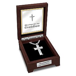 Blessed Grandson Men’s Stainless Steel Religious Cross Pendant Necklace With Valet Box