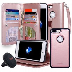 NAVOR Car Mount and iPhone 7 Plus / 8 Plus Magnetic Detachable Wallet Case [RFID Protection] - Rose Gold
