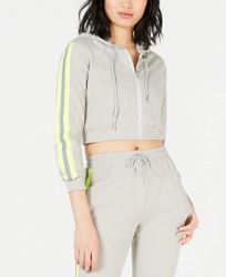 Waisted Reflective-Trim Cropped Zip-Up Hoodie