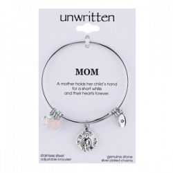 Unwritten Mom Charm and Rose Quartz (8mm) Bangle Bracelet in Stainless Steel with Silver Plated Charms