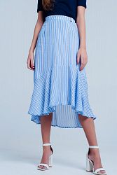 Blue Stripe Asymetric Hem Midi Skirt - L