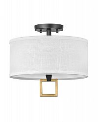 41806BK - Hinkley Lighting - Link - 13 Inch 34W 2 LED Small Semi-Flush Mount Black/Heritage Brass Finish with Off White Linen Shade - Link
