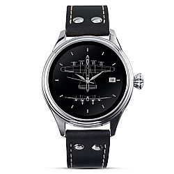 The Lancaster Bomber Men's Stainless Steel Watch With A Blueprint Design Of The Bomber On The Dial And A Black Leather Band