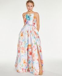 Crystal Doll Juniors' Floral Square-Neck Gown
