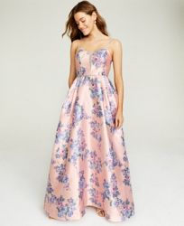 Teeze Me Juniors' Mesh-Trim Floral-Print Gown