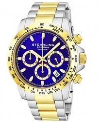 Stuhrling Original Men's Quartz Chronograph Date Watch, Silver Case, Blue Dial With Gold Tone Bezel, Silver and Gold Tone Stainless Steel Bracelet