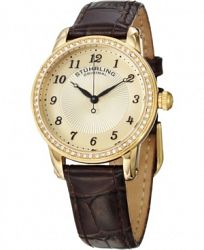 Stuhrling Original Classy Ladies Ultra Slim Quartz Watch, Gold Tone Case on Brown Alligator Embossed Genuine Leather Strap, Crystals on Gold Tone Bezel, Gold Tone Dial With Crystal and Black Accents