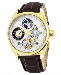 Stuhrling Original Men's Automatic Skeletonzied Dual Time Watch, Gold Tone Case on Brown Alligator Embossed Genuine Leather Strap, Black and Silver Tone Dial, With Gold Tone, Black, and Blue Accents
