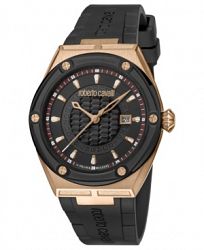 Roberto Cavalli By Franck Muller Men's Swiss Quartz Rose Gold Case Black Rubber Strap Watch, 45mm