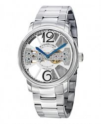Stuhrling Stainless Steel Case on Link Bracelet, Silver Tone Skeletonized Dial with Exposed Bridge Movement, with Blue and Black Accents