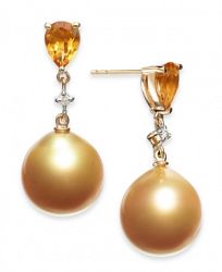 Cultured Baroque Golden South Sea Pearl (12mm) & Citrine (1-1/3 ct. t. w. ) & Diamond (1/20 ct. t. w. ) Drop Earrings in 14k Gold