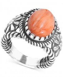 American West Orange Spiny Oyster Flower Statement Ring in Sterling Silver