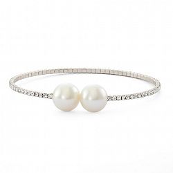 Quintessential 14K Rhodium Plated Single Row Simulated Pearl And Crystal Womens Bangle Silver