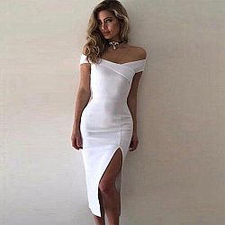 Ladies Off Shoulder High Split Bodycon Dress - White / S