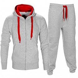 Men's Hooded Zipper Sweatpants Tracksuit - EL025 Light Grey-Red / XXXL