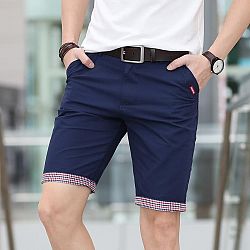 Men's Solid Color Plaid Trim Bermuda Shorts - Dark blue shorts / 33