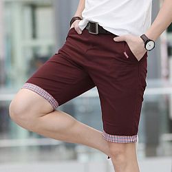 Men's Solid Color Plaid Trim Bermuda Shorts - red shorts me / 31