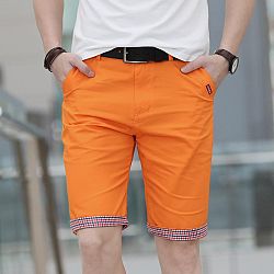 Men's Solid Color Plaid Trim Bermuda Shorts - orange shorts / 28