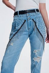 Vintage Ripped Straight Jeans With Studs And Chains - Large