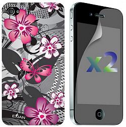 Exian Screen Guards X2 And Tpu Case For Iphone 4/4S - Floral Pattern Black And Pink Black