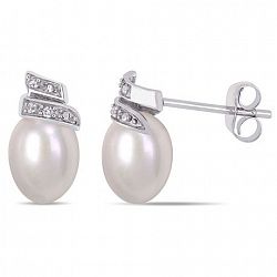 Miabella 6.5-7Mm Cultured Freshwater Pearl And Diamond-Accent 14 K White Gold Swirl Earrings White None