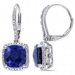 Tangelo 6-1/2 Carat T. G. W. Created Blue Sapphire And 1/5 Carat T. W. Diamond Sterling Silver Halo Earrings Blue None