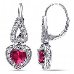 Tangelo 4-7/8 Carat T. G. W. Created Ruby And Created White Sapphire Sterling Silver Halo Heart Earrings Red None