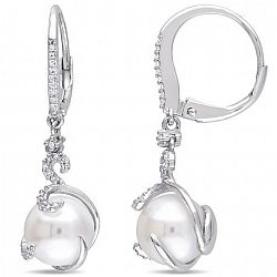 Miabella 9-9.5Mm Cultured Freshwater Pearl And 1/5 Carat T. W. Diamond Swirl Drop Earrings White None