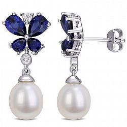 Miabella Freshwater Culture Pearl And Created Sapphire Sterling Silver Floral Dangle Earrings Blue None