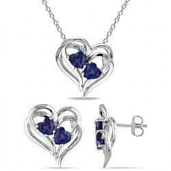 Tangelo 3-1/3 Carat T. G. W. Created Blue Sapphire And Diamond-Accent Sterling Silver Heart Earrings And Pendant Set, 18" Blue None