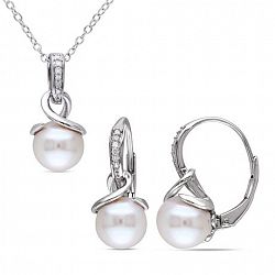 Miabella 8-8.5Mm Cultured Freshwater Pearl And Diamond-Accent Sterling Silver Earrings And Pendant Set White None