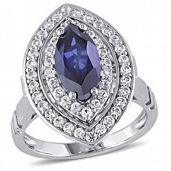 Tangelo 3-1/2 Carat T. G. W. Created Blue And White Sapphire Sterling Silver Double Halo Engagement Ring, Size 5 Blue None