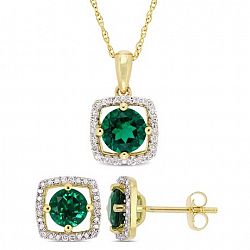 Miabella 1-4/5 Carat T. G. W. Created Emerald And 1/6 Carat T. W. Diamond 10K Yellow Gold 2-Piece Earrings And Pendant Set Green None