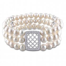 Miabella 6-7Mm White Cultured Freshwater Pearl And Cubic Zirconia Sterling Silver Stretch 3-Row Bracelet White