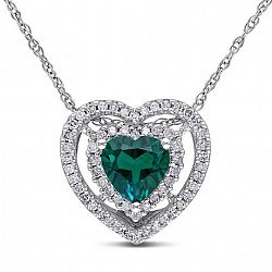 Miabella 3/4 Carat T. G. W. Created Emerald And 1/5 Carat T. W. Diamond 10K White Gold Double Halo Heart Pendant, 17" Green None