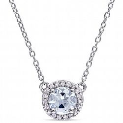 Tangelo 3/4 Carat T. G. W. Aquamarine And 1/10 Carat T. W. Diamond Sterling Silver Halo Necklace, 16" Blue None