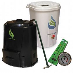 Enviro World Earth Package Rain Barrel: Warm Gray Compost Bin: Black Large