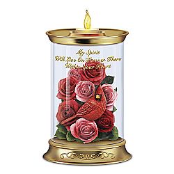 Forever With You Flameless Candle Featuring An Artificial Rose Arrangement Paired With A Fully Sculpted Cardinal Encased Within A Glass Candleholder
