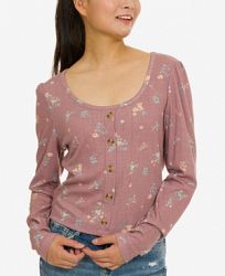 Hippie Rose Juniors' Pointelle-Knit Button-Trimmed Floral Top
