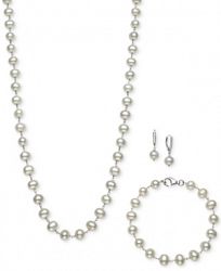 Sterling Silver Set, Tin Cup White Cultured Freshwater Pearl Necklace, Bracelet, and Earrings