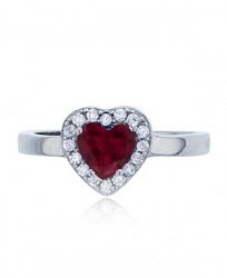 Heart Red and White Round Cubic Zirconia Halo Ring in Rhodium Plated Sterling Silver