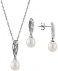 2-Pc. Set Cultured Freshwater Pearl (7-1/2mm & 8-1/2mm) & Diamond Accent Pendant Necklace & Matching Drop Earrings in Sterling Silver