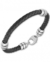 Men's Woven Black Leather Bracelet in Stainless Steel & Black Ion-Plate