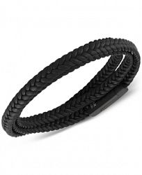 Esquire Men's Jewelry Woven Black Leather Wrap Bracelet in Black Ion-Plated Stainless Steel, Created for Macy's