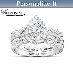 Perfect Pair Women's Personalized Sterling Silver Wedding Ring Set Featuring Over 3 Carats Of Simulated Diamonds