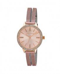 Laura Ashley Women's Sunray Dial Crystal Pink Alloy Split Mesh Band Watch 33mm