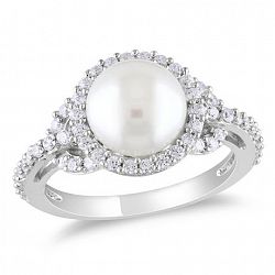Miabella 8.5-9Mm White Cultured Freshwater Pearl And 1 Carat T. G. W. Cubic Zirconia Sterling Silver Cocktail Ring 7