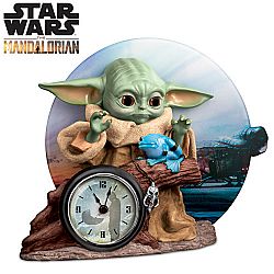 STAR WARS The Mandalorian Grogu Hand-Painted Sculptural Desk Clock Featuring The Child Reaching For A Delicious Snack With The Razor Crest In Its Landing Position In The Background