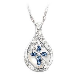 God's Loving Embrace Women's Sterling Silver Pendant Necklace Featuring A Blue Created-Sapphire Religious Cross & A Cultured Freshwater Pearl Adorned With One Dozen Diamonds