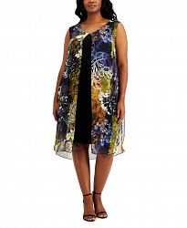 Connected Plus Size Printed Chiffon Overlay Dress